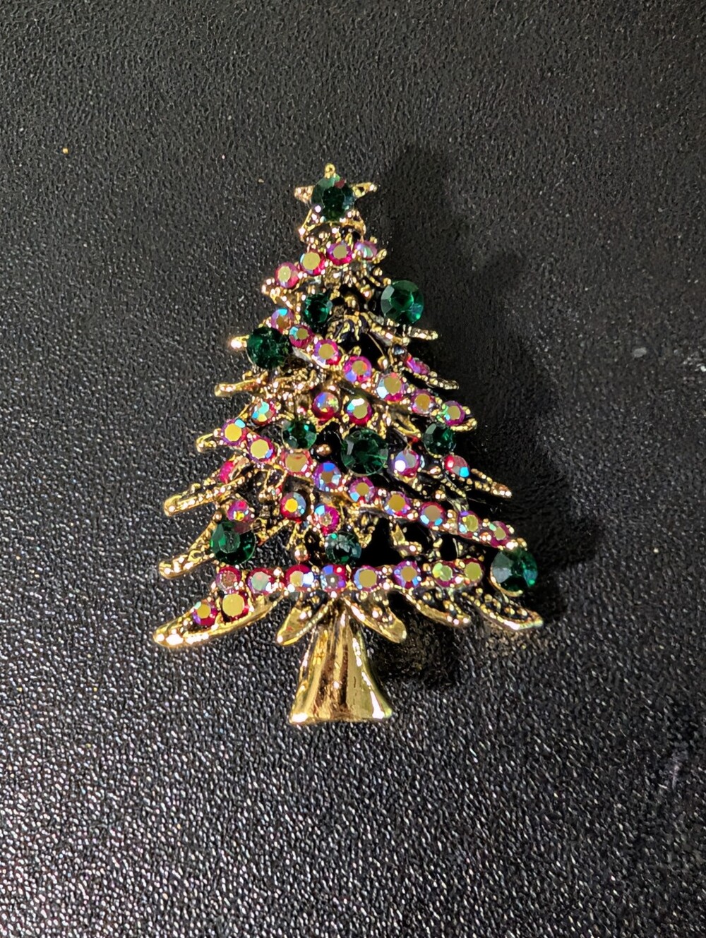 Gold-Tone Christmas Tree Brooch with Green and Multicolor Stones